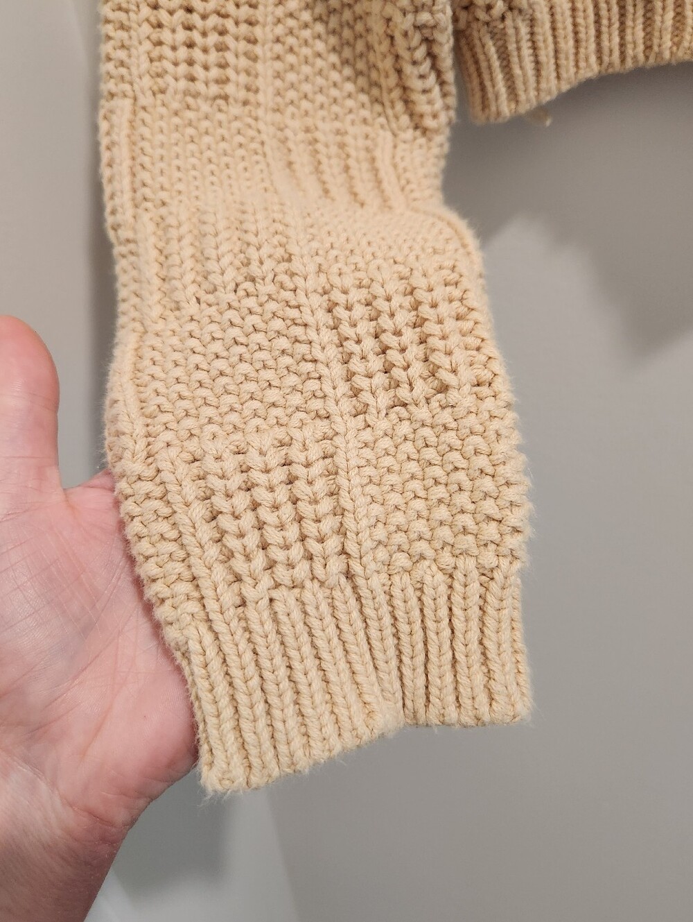Cream Cropped Knit Sweater - Classic Crewneck - Checkered Knit Detail - Picture 3 of 7